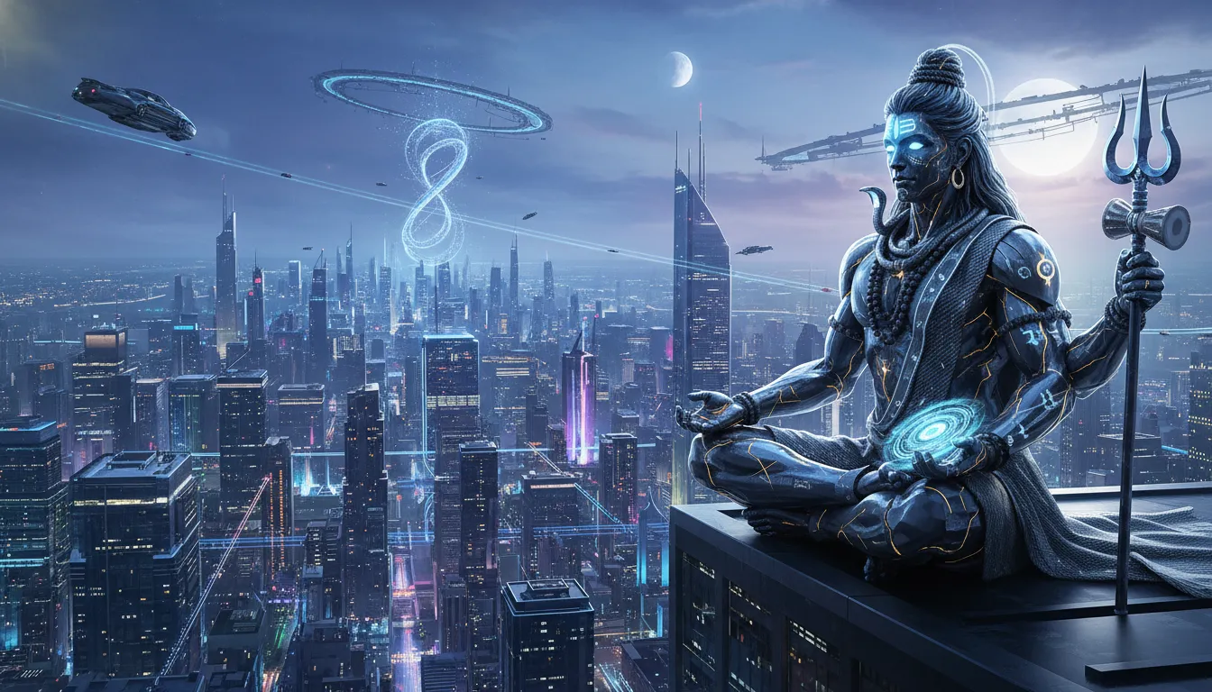 Modern Mahadev sitting on rooftop with futuristic city view at night.