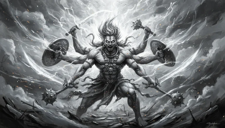 A fiery and intense depiction of Lord Shiva's fiercest warrior form, Veerabhadra.