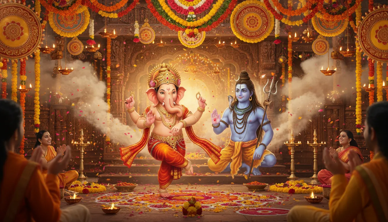 Festive celebration photo of Mahadev and Ganpati with colorful backgrounds.