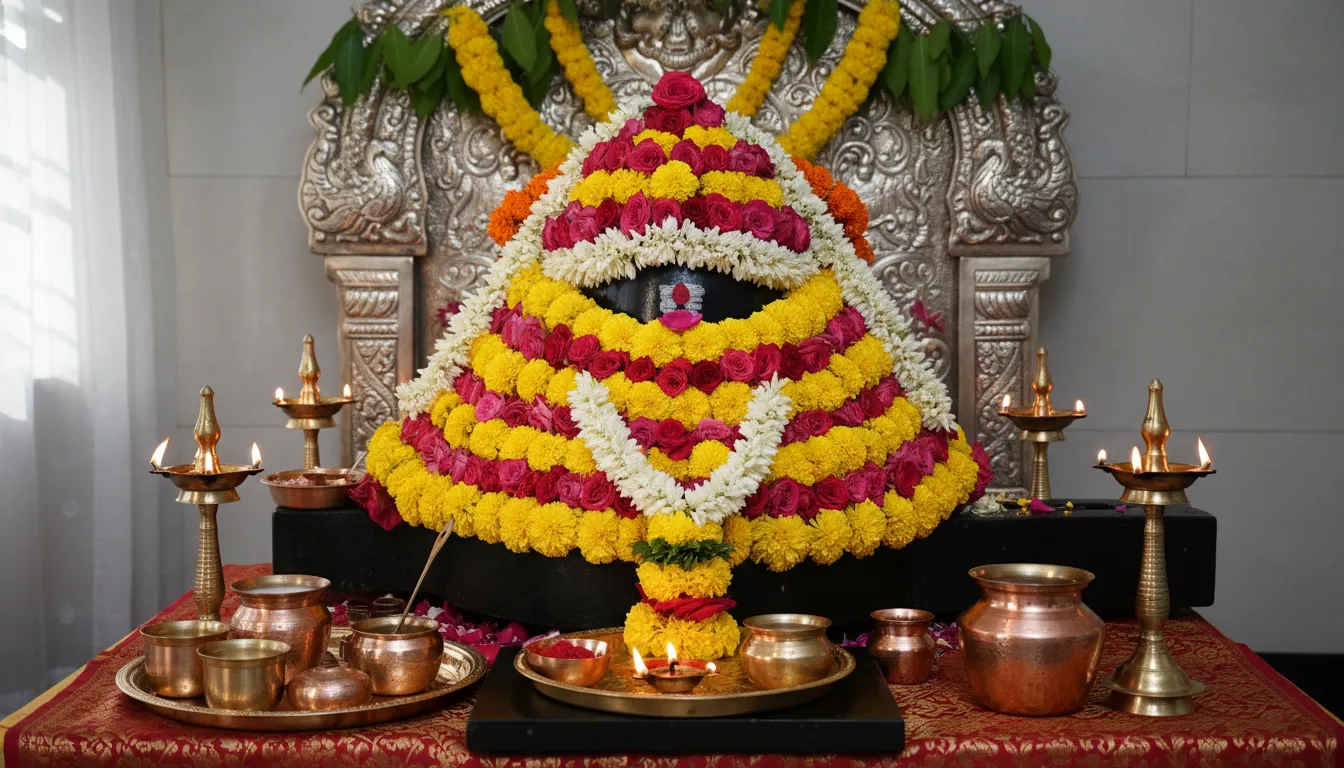 Lingam decorated with bright garlands and surrounded by ritual lamps and items