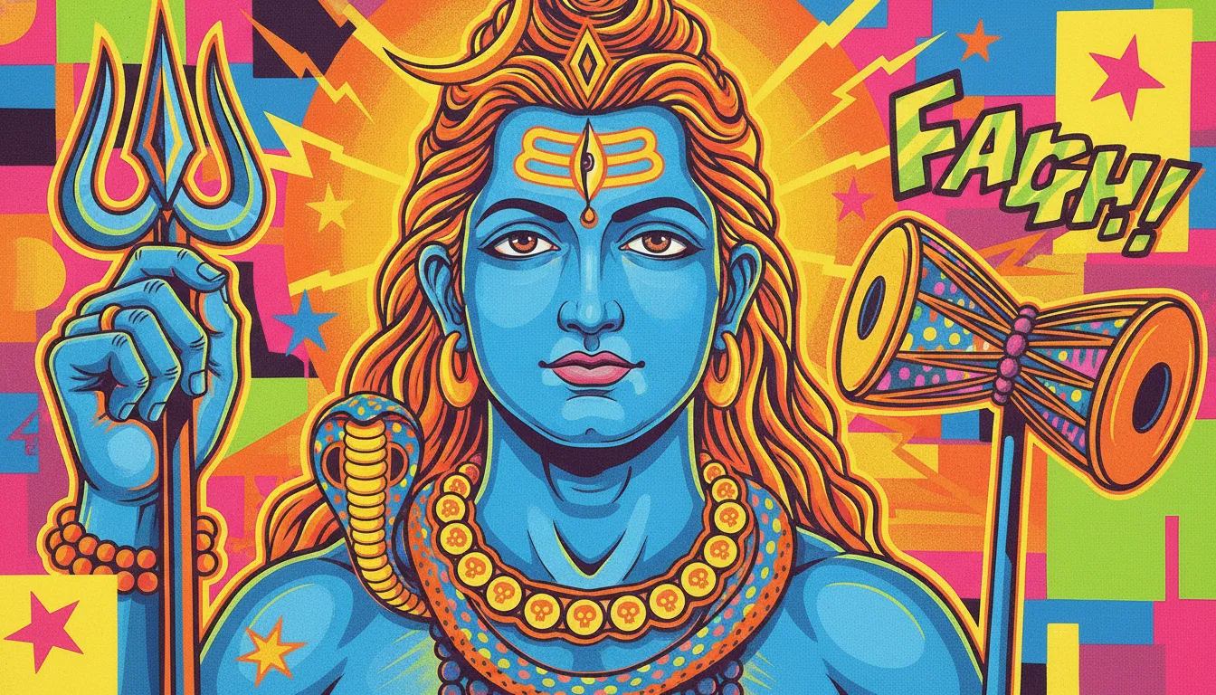 Bright and colorful modern pop art illustration of Mahadev with a blue face