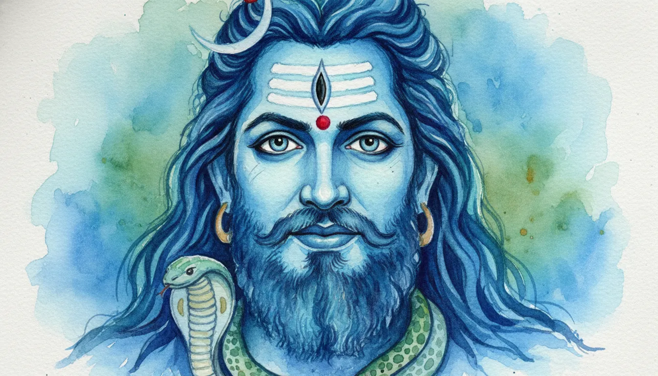 A colorful and artistic watercolor portrait drawing of Lord Shiva Mahadev.