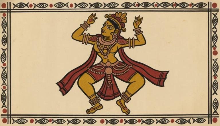 Vintage folk art style painting of a dancing deity figure with bold traditional lines