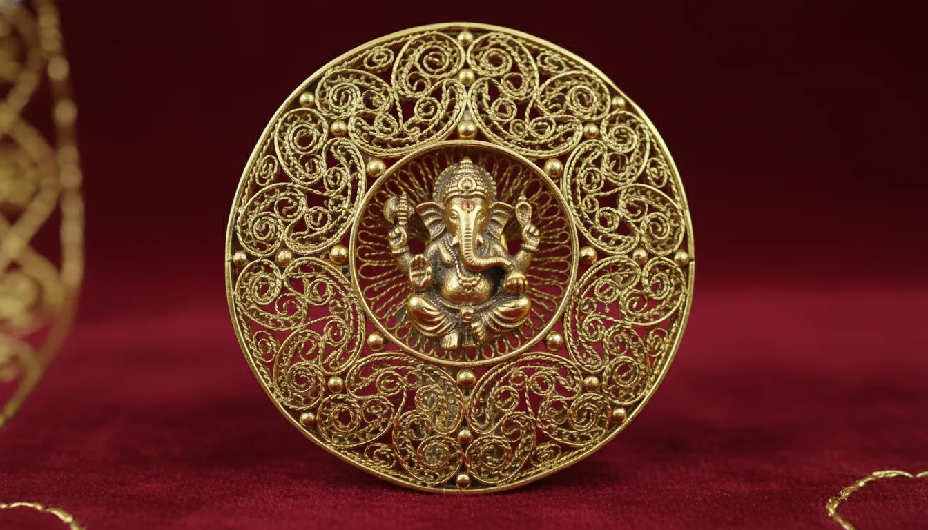 Vintage gold badge with delicate filigree work around Lord Ganesha