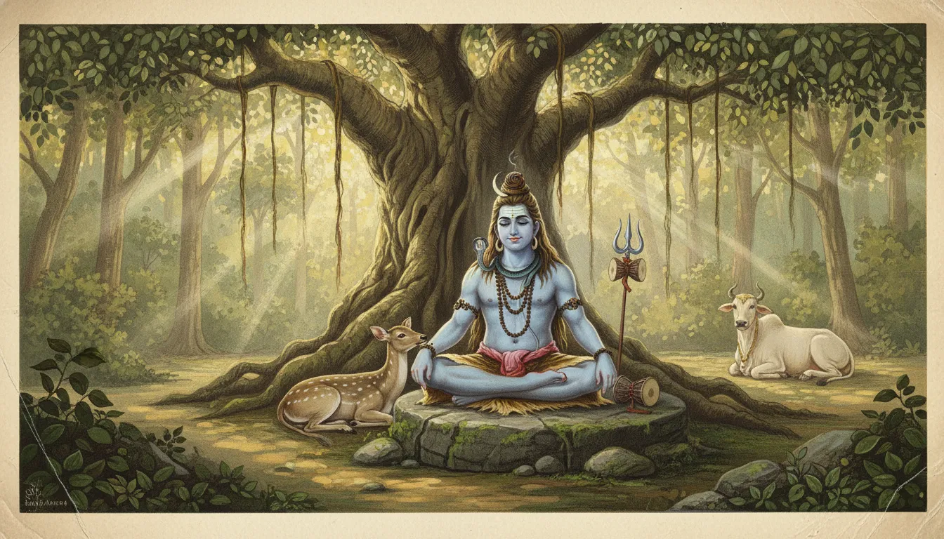 Classical art style Mahadev old photo sitting peacefully in a forest surrounded by wild animals.