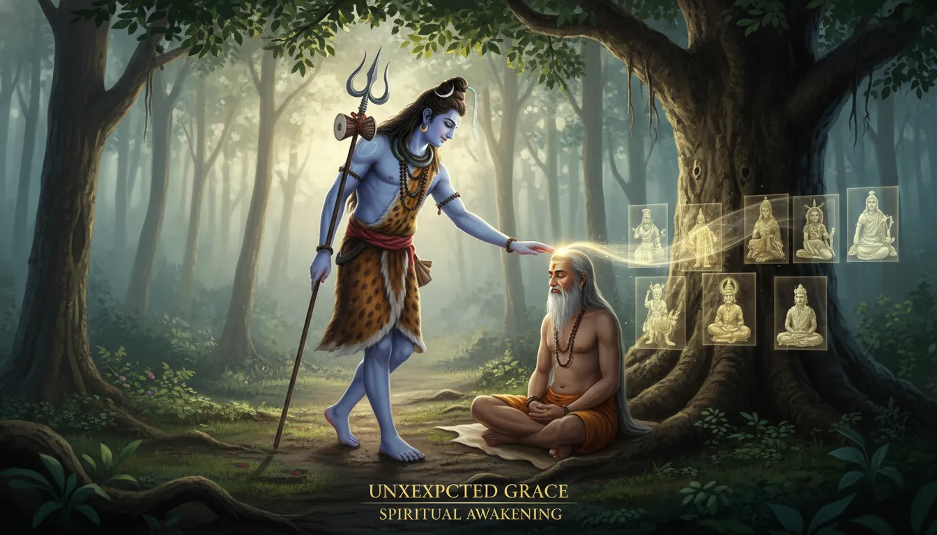 Shiva walking and touching a sage’s head with his trident, granting a boon