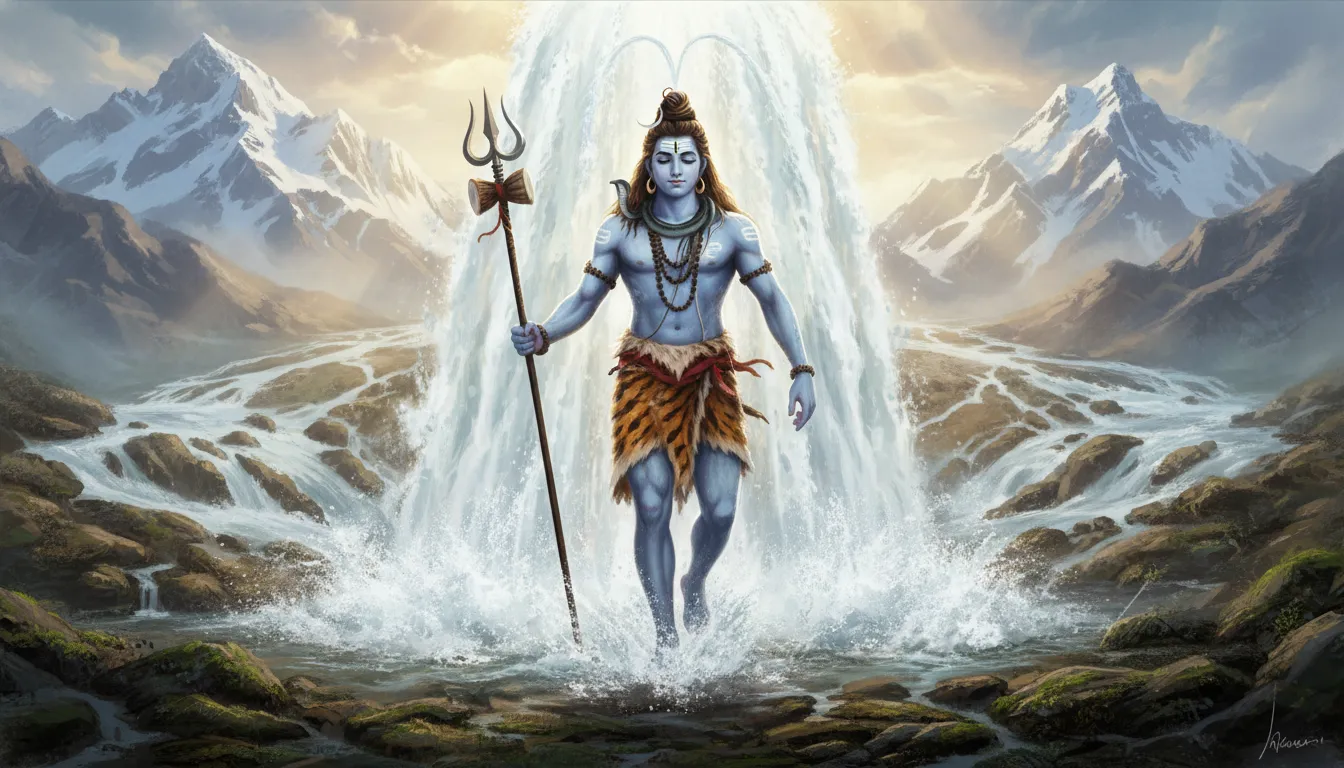 Shiva walking while the river Ganges flows from his hair, trident steady in his other hand