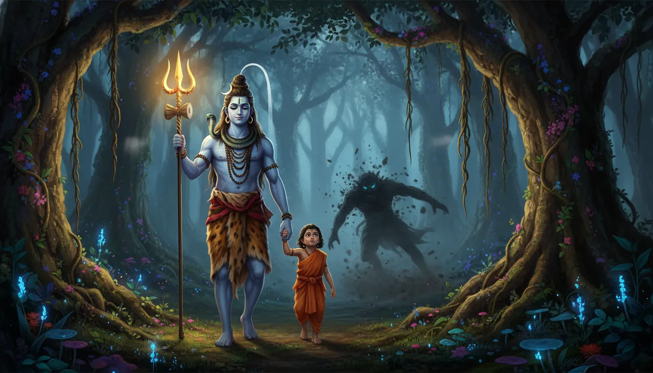 Shiva walking and protecting a devotee with his raised trident in a forest