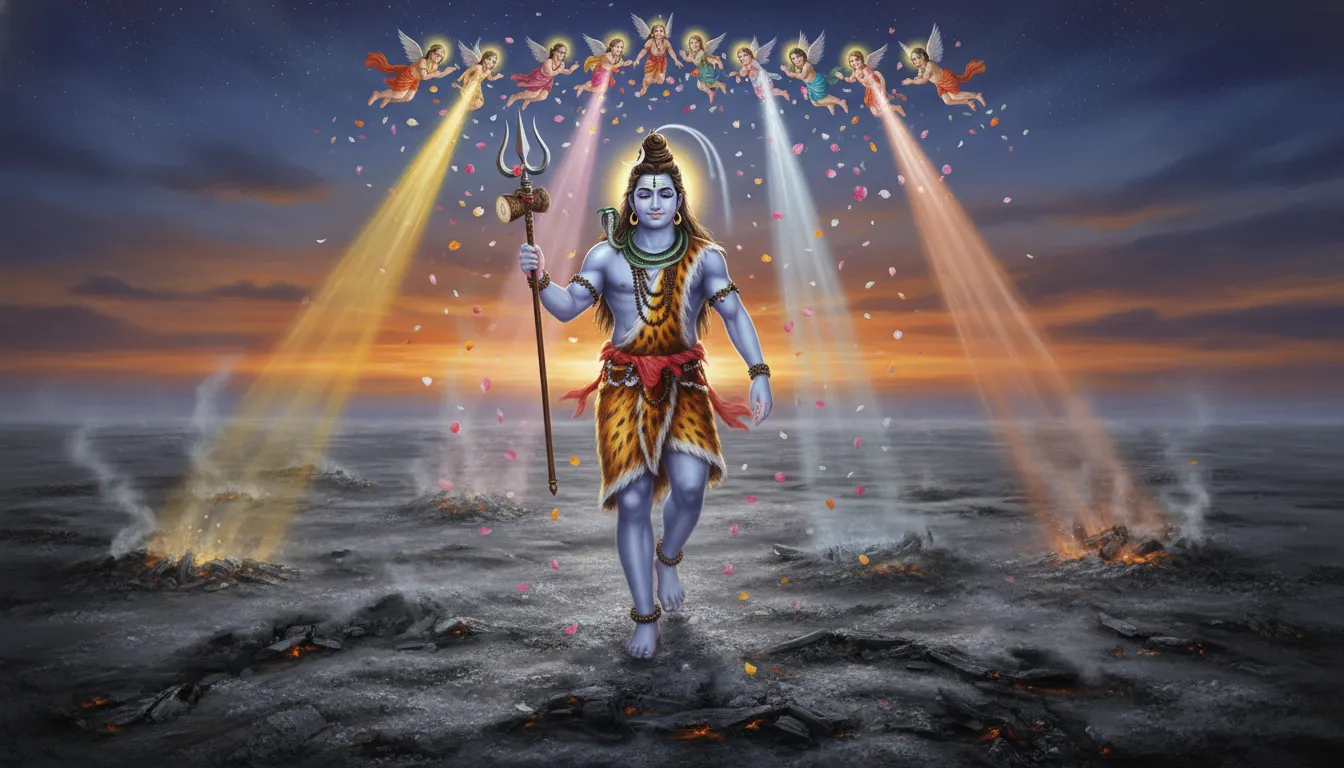 Shiva walking victoriously through a field of ashes with his trident held high
