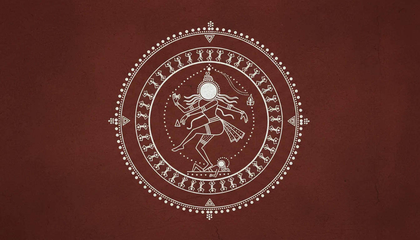 Warli tribal art style Nataraja painting with circular ritual arch frame