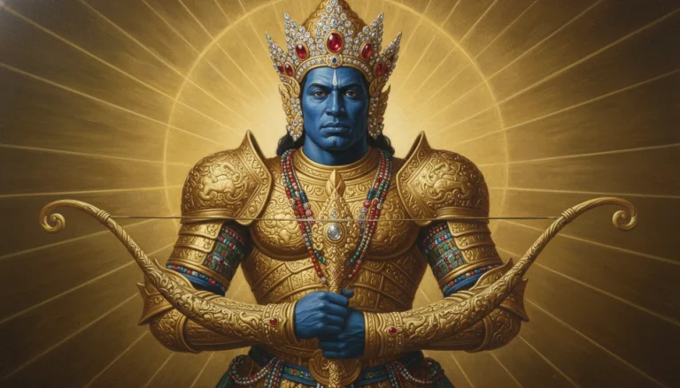 Blue-skinned warrior deity wearing elaborate golden body armor and holding a bow