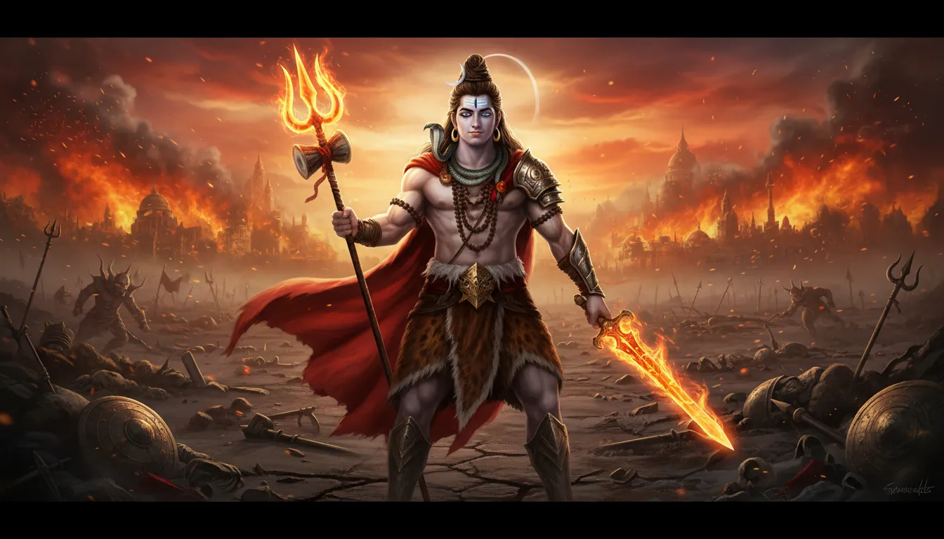 Warrior Lord Shiva holding a fiery sword and trident on a burning battlefield.