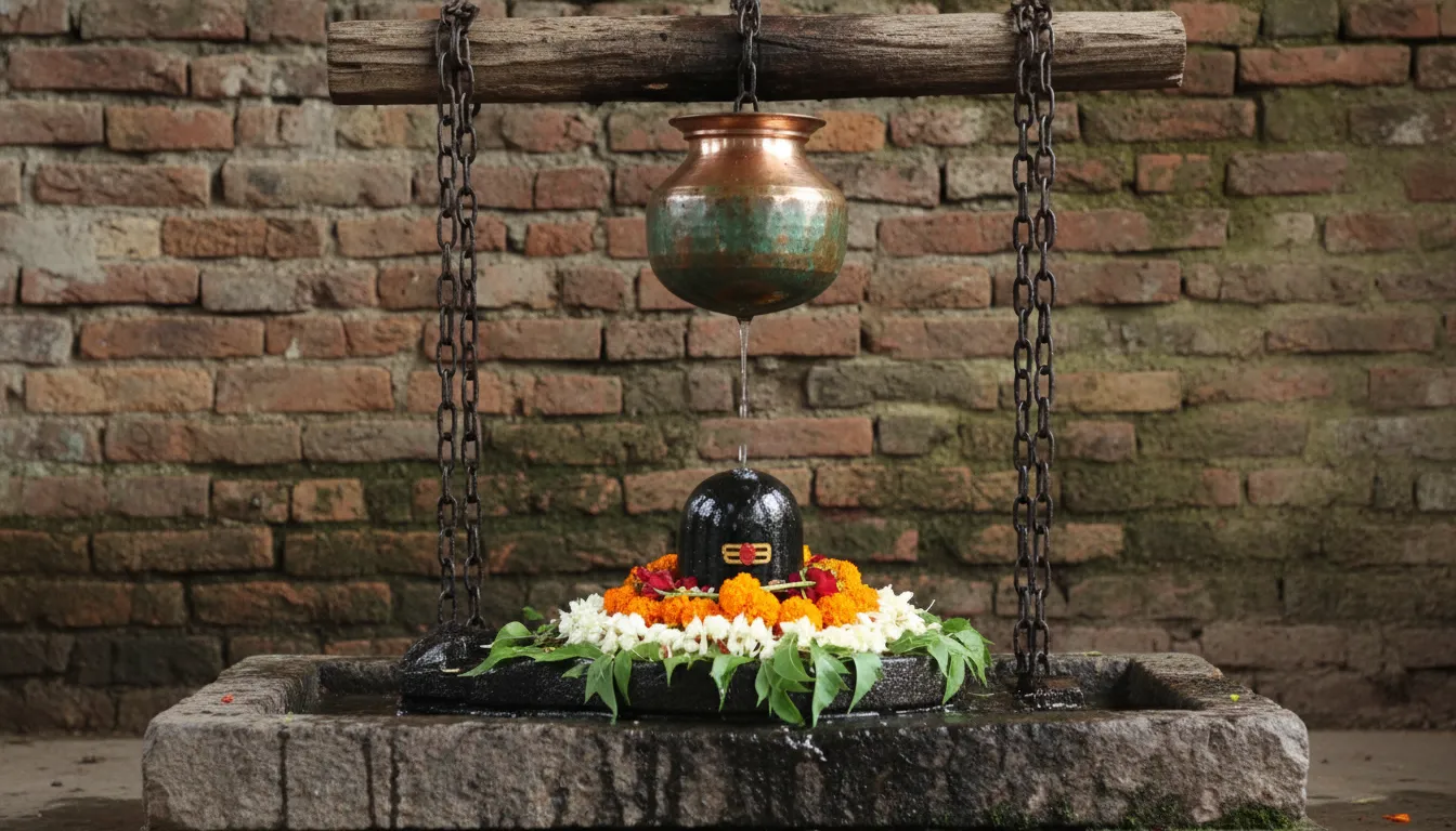 Copper vessel dripping water onto decorated Shiva lingam with flowers and leaves