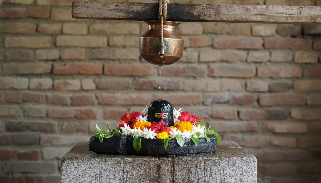 Copper vessel dripping water onto decorated Shiva lingam with flowers and leaves