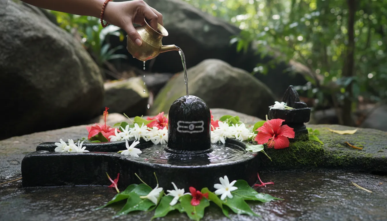 A hand pours water from a small vessel onto a Shiva Lingam placed outdoors.