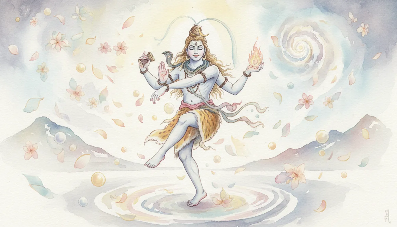 Beautiful watercolor painting of Lord Shiva performing the peaceful Ananda Tandav.