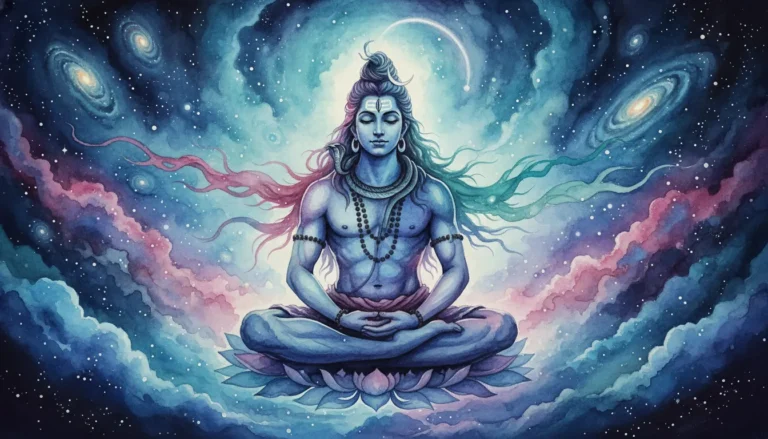 Watercolor painting of Lord Shiva meditating amidst stars and galaxies