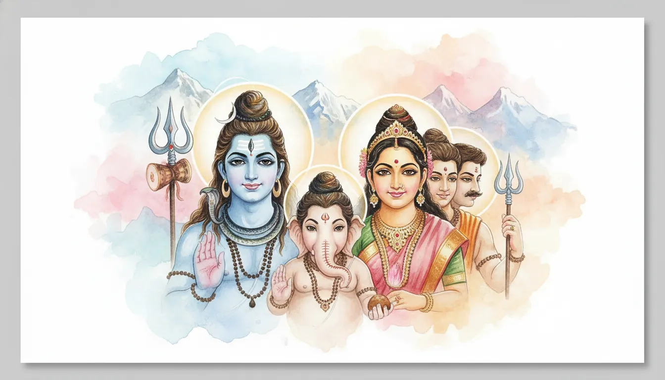 A soft watercolor painting of the Shiva family smiling together against a beautiful pastel Himalayan backdrop.