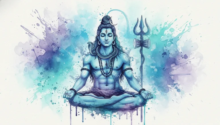 Vibrant watercolor painting of Lord Shiva in meditation with colorful blue and purple splashes