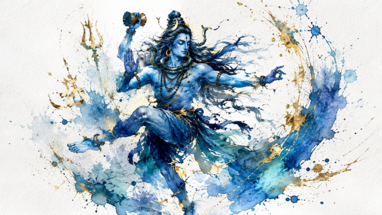 Vibrant watercolor painting of Lord Shiva dancing the Tandava with colorful ink splashes