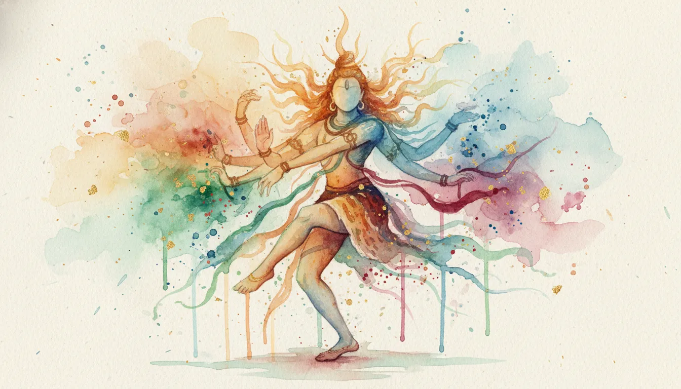 Soft watercolor painting of a multi-armed dancing deity with fluid color splashes