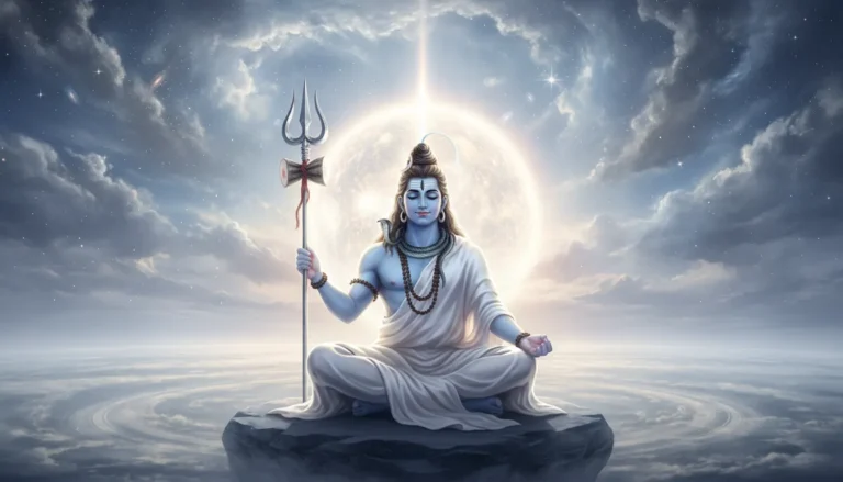 Lord Shiva wearing a pure white dress meditating during a beautiful cosmic sunrise with bright skies.