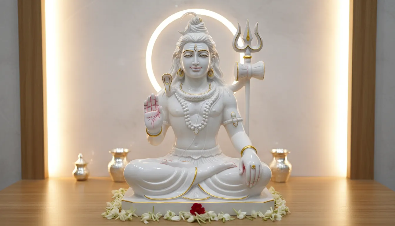 Elegant white marble Mahadev murti placed inside a modern minimalist home temple with subtle golden accent lights