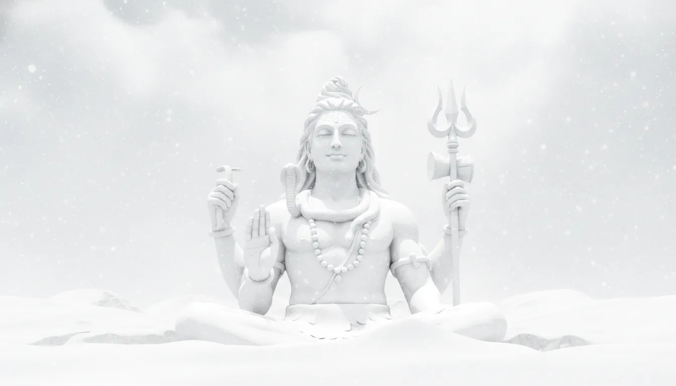 Radiant white Lord Shiva statue almost invisible in snowy landscape