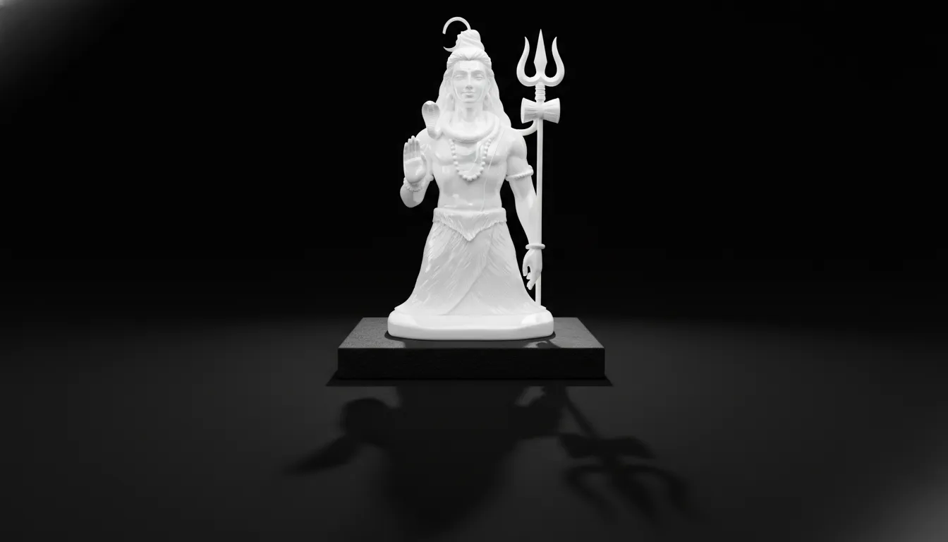 Radiant white Lord Shiva statue on black stone base contrast