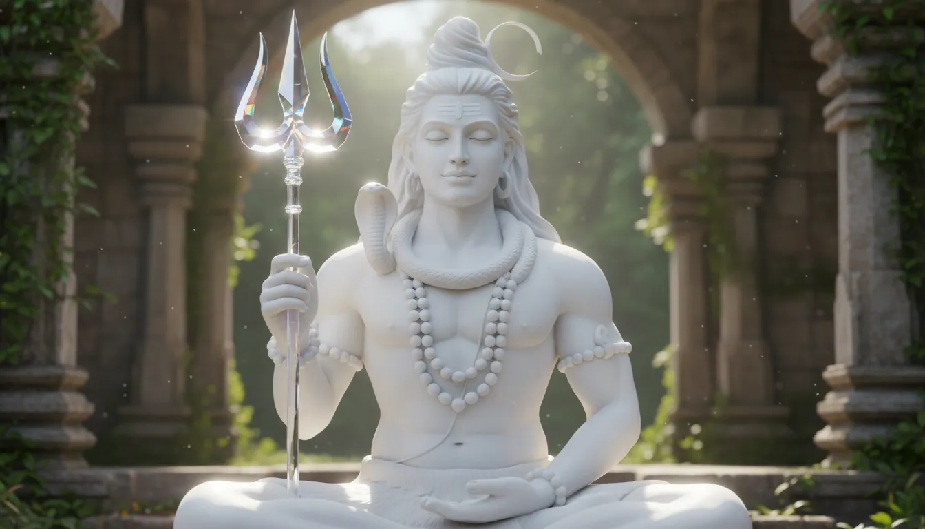 Radiant white Lord Shiva statue holding transparent crystal trident