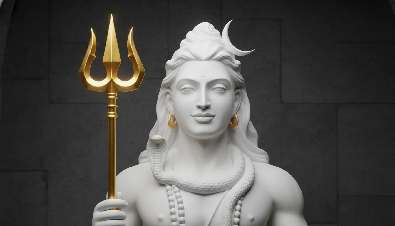 Radiant white Lord Shiva statue holding golden trident