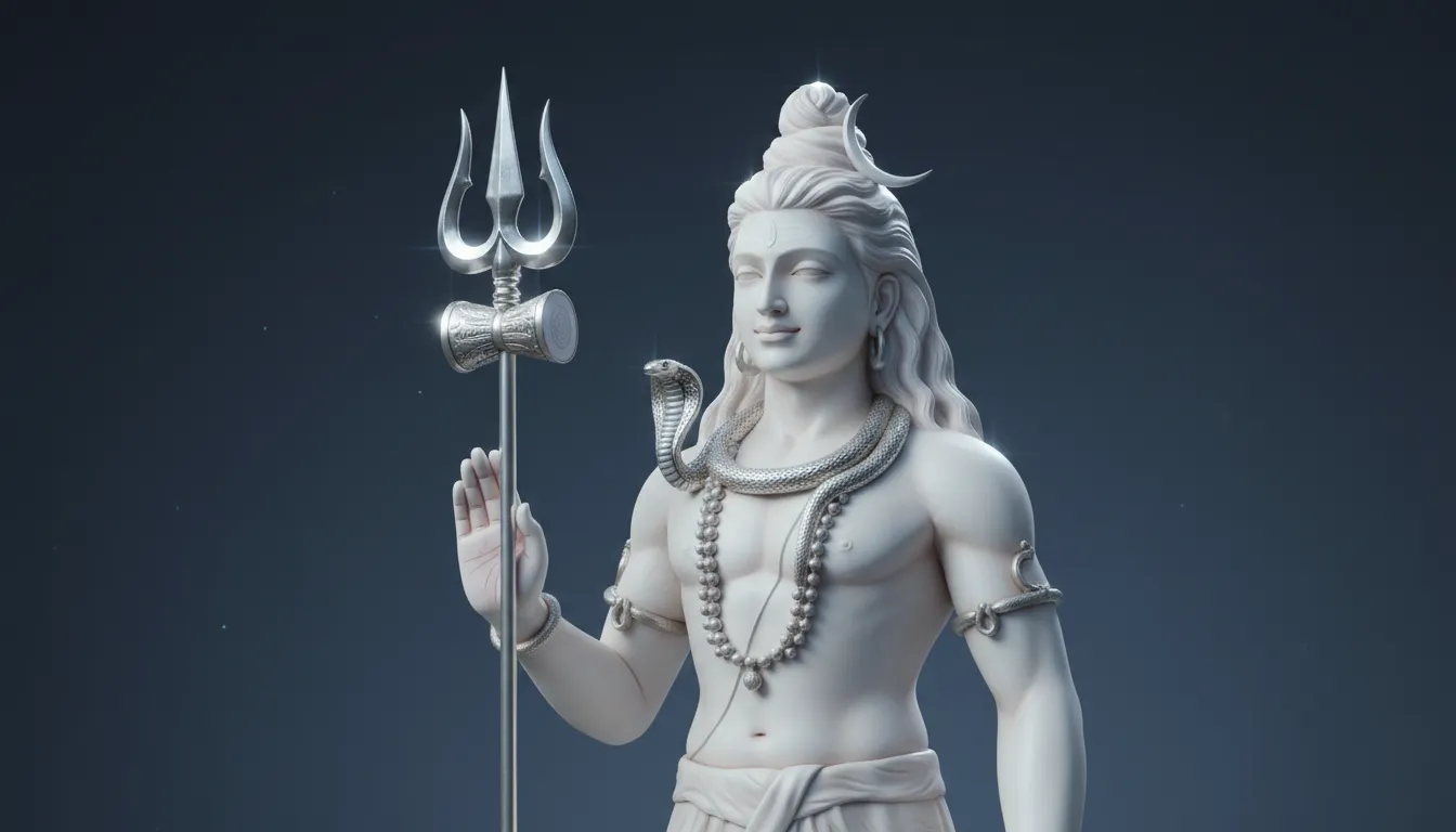 Radiant white Lord Shiva statue with silver ornaments and crescent moon