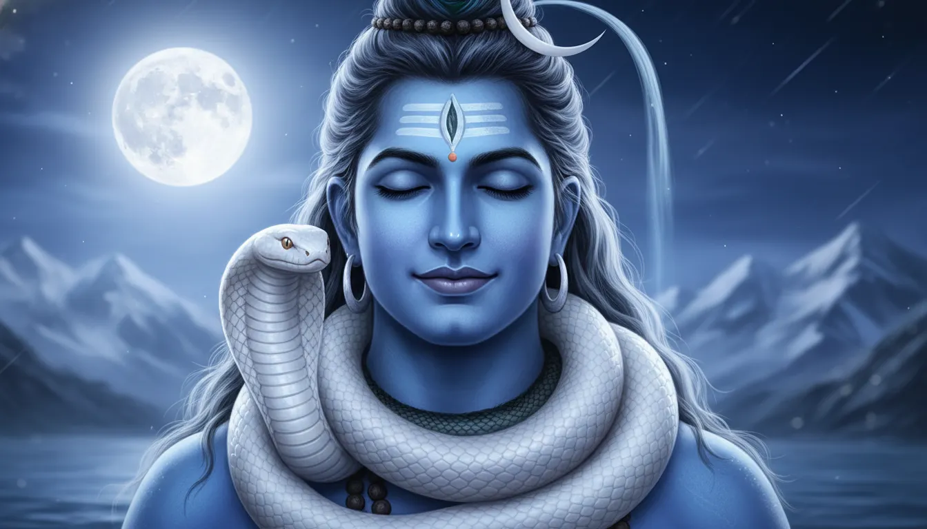 Shiva with white snake around neck sitting in blue light meditation