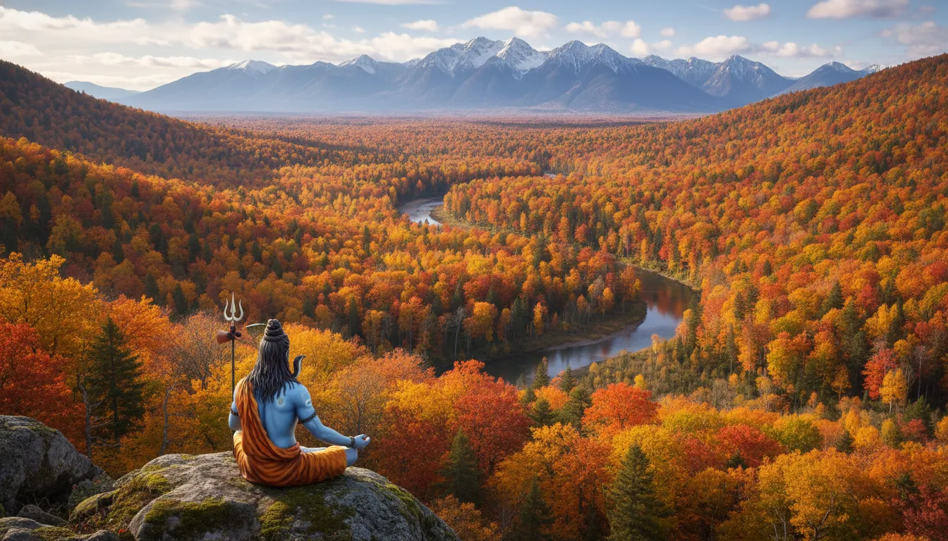 wide landscape view of autumn forest with Lord Shiva meditating in foreground