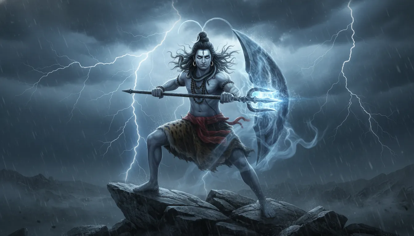 Intense mahadev background photo showing the fierce protector form of Lord Shiva with lightning and dark storm clouds.