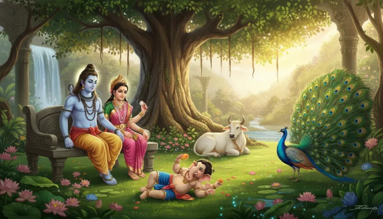 A colorful illustration of child Ganesha and young Kartikeya playing near Lord Shiva and Parvati in a lush green forest.