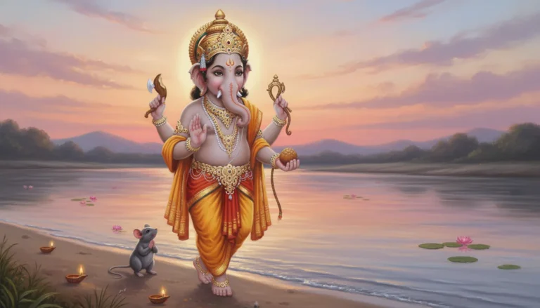 Child Ganesha walking with a small mouse along a peaceful riverbank at dusk.