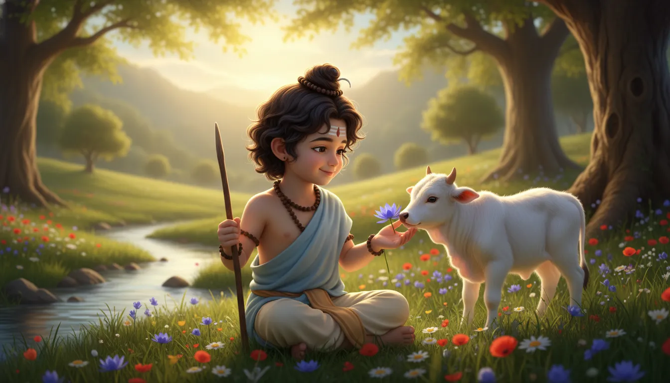 young Lord Shiva playing with baby Nandi bull origin of their bond