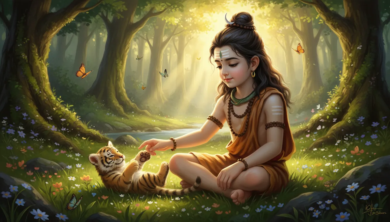 young Lord Shiva playing with tiger cub in forest fantasy art