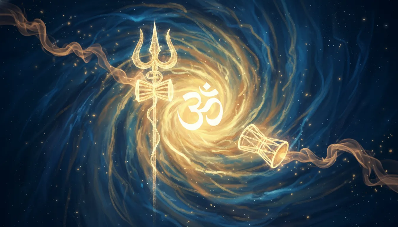 Abstract spiritual energy wallpaper with Mahadev symbols like Trishul and Damru