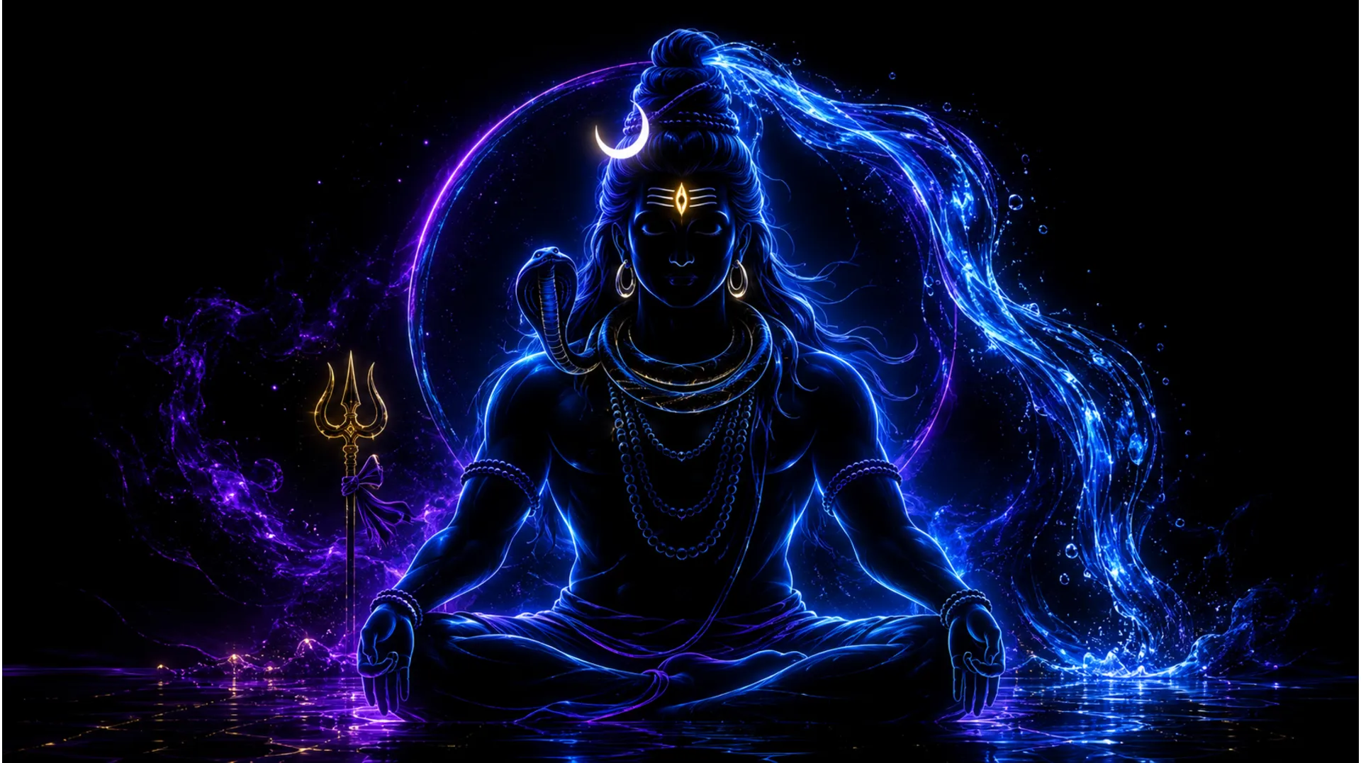 Modern abstract digital art of Lord Shiva using neon blue and glowing purple lines.