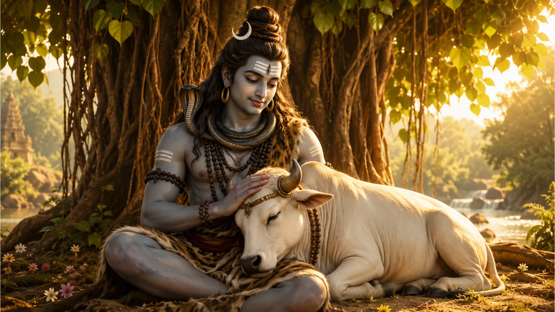 Abstract artistic representation of Lord Shiva using colorful smoke, lights, and spiritual symbols.