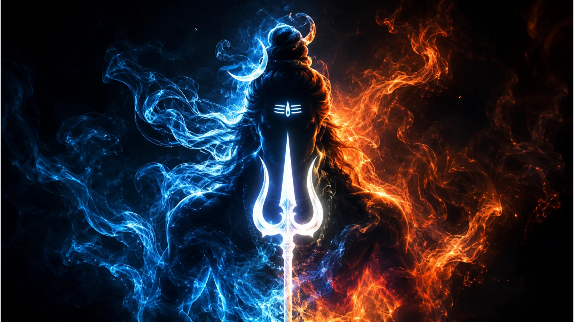 Abstract spiritual silhouette of Lord Shiva holding a trident made of glowing blue and orange smoke.