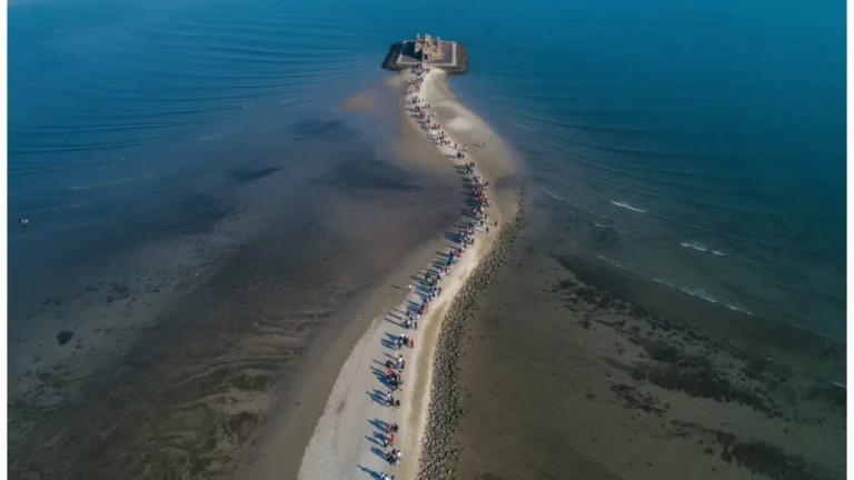 Aerial drone view of devotees walking through the sea path toward Nishkalank Mahadev Temple in Gujarat.