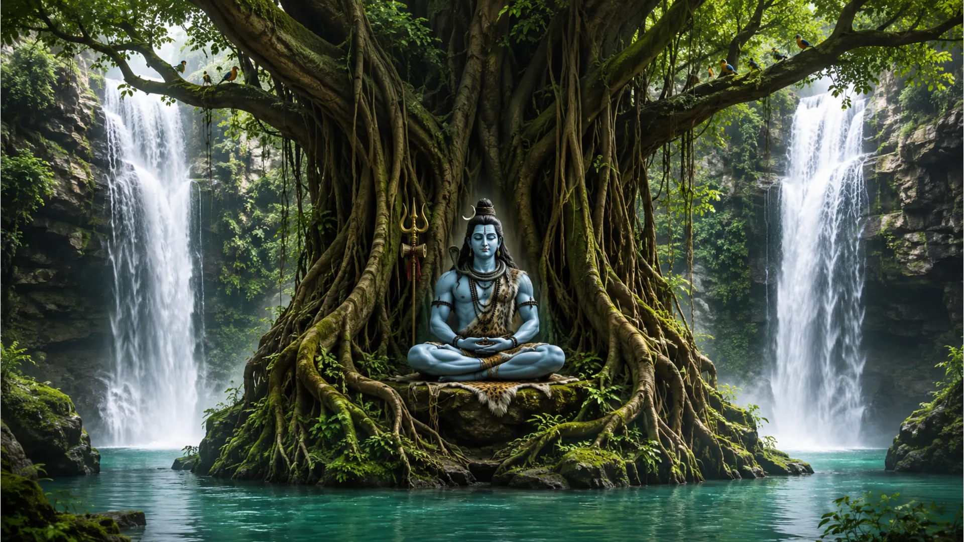 Lord Shiva meditating between twin waterfalls under the massive roots of an ancient banyan tree