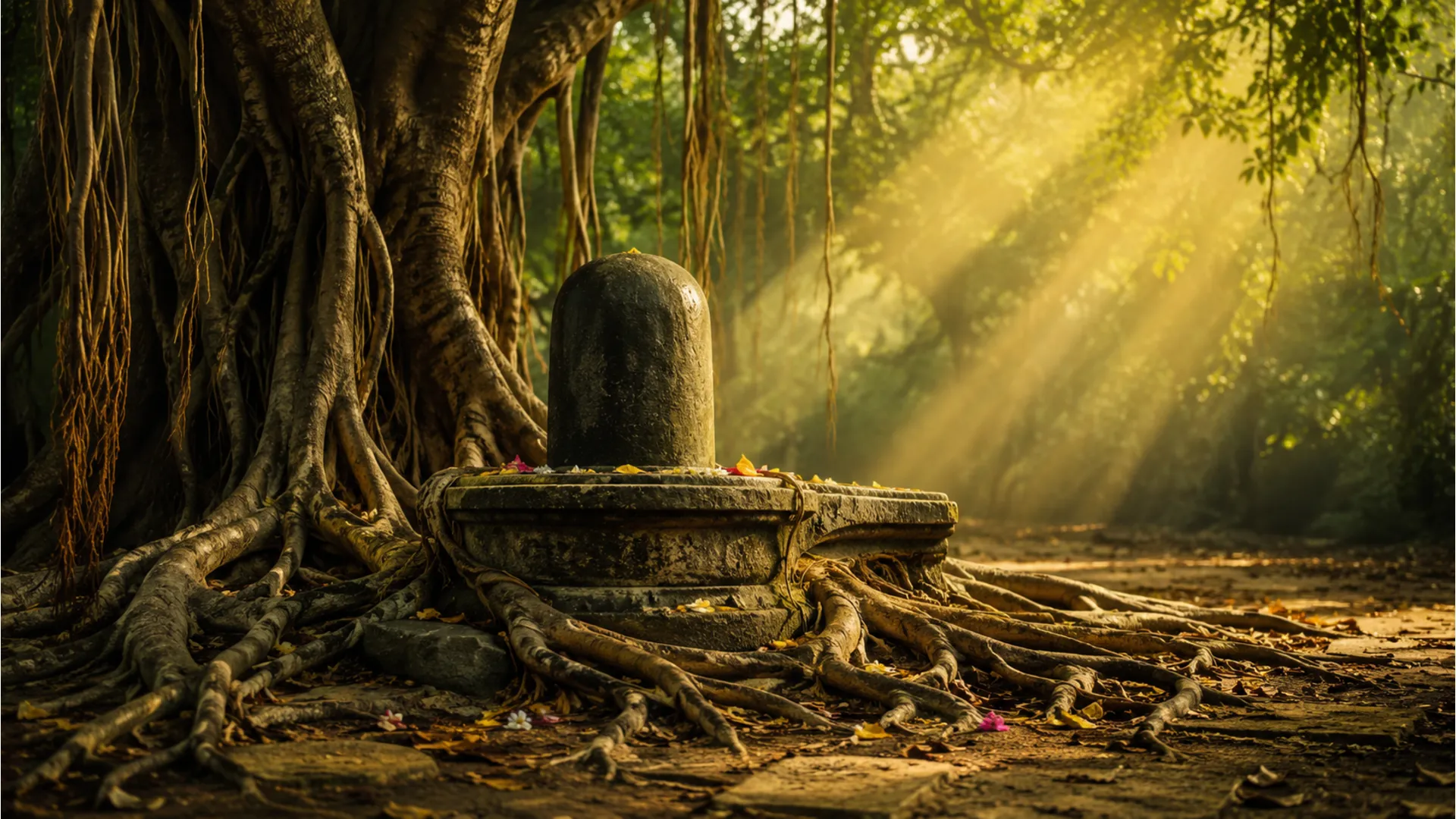 Old stone Shiva Lingam surrounded by green trees, roots, and wild flowers