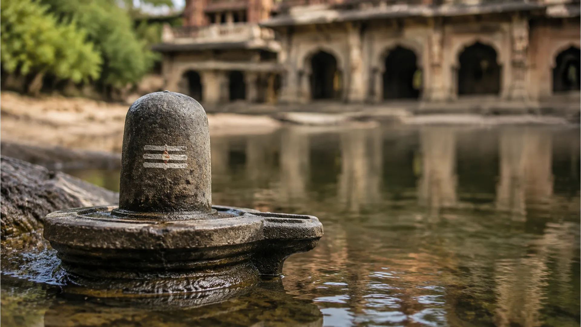 old stone shiva lingam beside water with building in background
