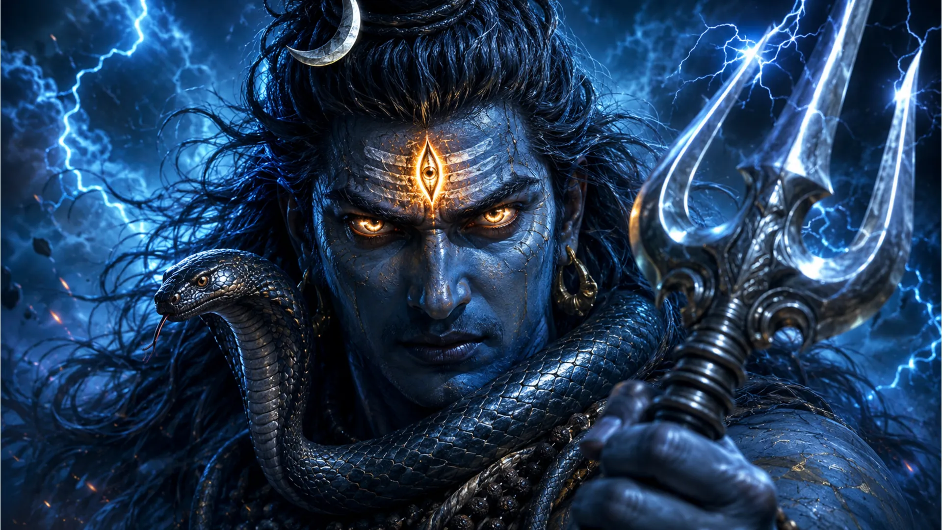 Close-up shot of Lord Shiva in his fierce Rudra form with glowing third eye and sharp Trishul.