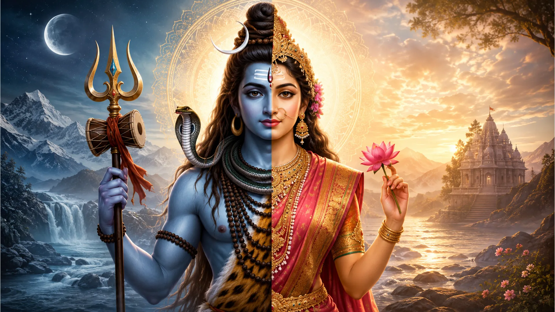 The unique Ardhanarishvara form showing the perfect synthesis of Lord Shiva and Goddess Parvati in one body.