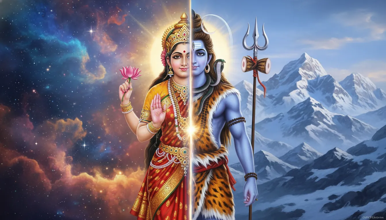Lord Shiva and Goddess Parvati subtly present during a morning Ganga Aarti ceremony.